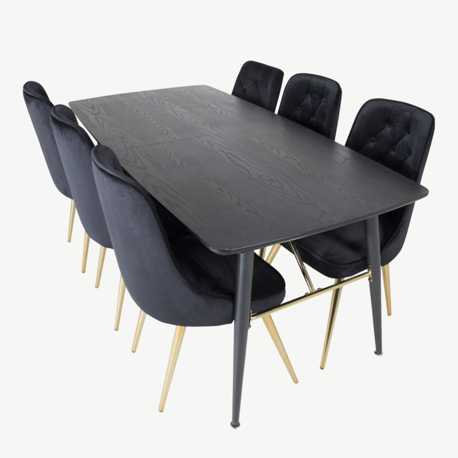 Pikendatav must söögilauakomplekt kuldsete detailidega, 6 sametkattega tooliga, GR19438 – 4
