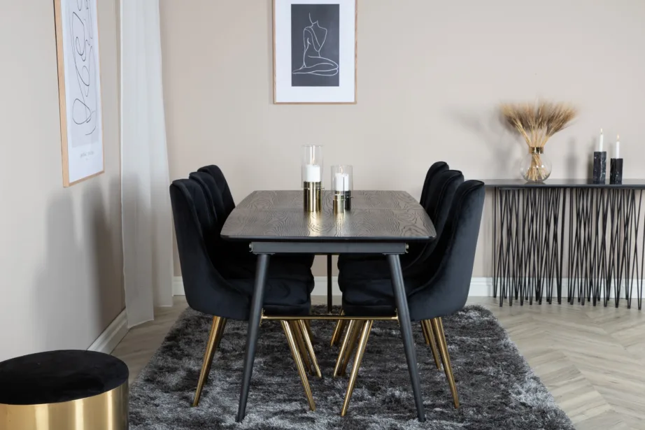Pikendatav must söögilauakomplekt kuldsete detailidega, 6 sametkattega tooliga, GR19438 – 5