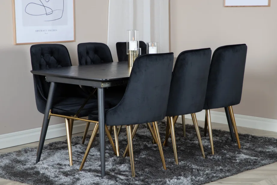 Pikendatav must söögilauakomplekt kuldsete detailidega, 6 sametkattega tooliga, GR19438 – 6