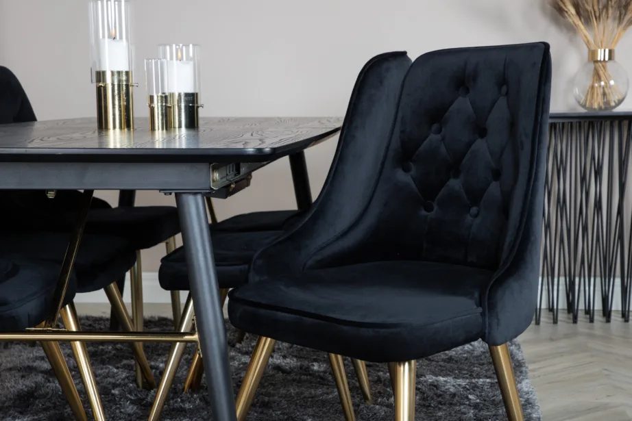 Pikendatav must söögilauakomplekt kuldsete detailidega, 6 sametkattega tooliga, GR19438 – 7