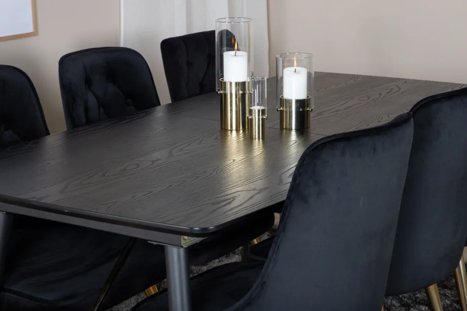 Pikendatav must söögilauakomplekt kuldsete detailidega, 6 sametkattega tooliga, GR19438 – 8