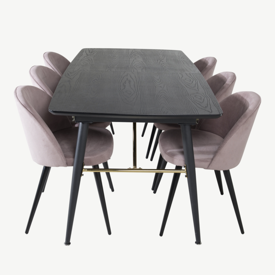 Pikendatav must söögilaud Gold tammevineeriga ja tolmuroosad sametist toolid, GR19443 – 2