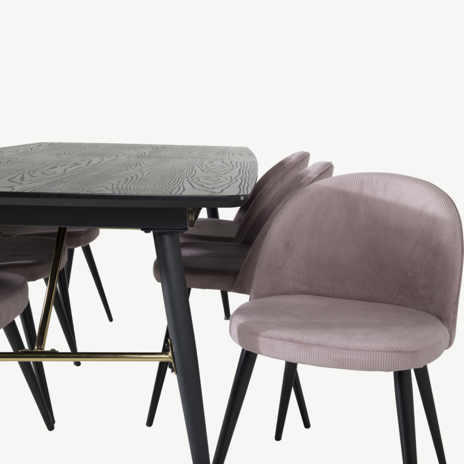 Pikendatav must söögilaud Gold tammevineeriga ja tolmuroosad sametist toolid, GR19443 – 3