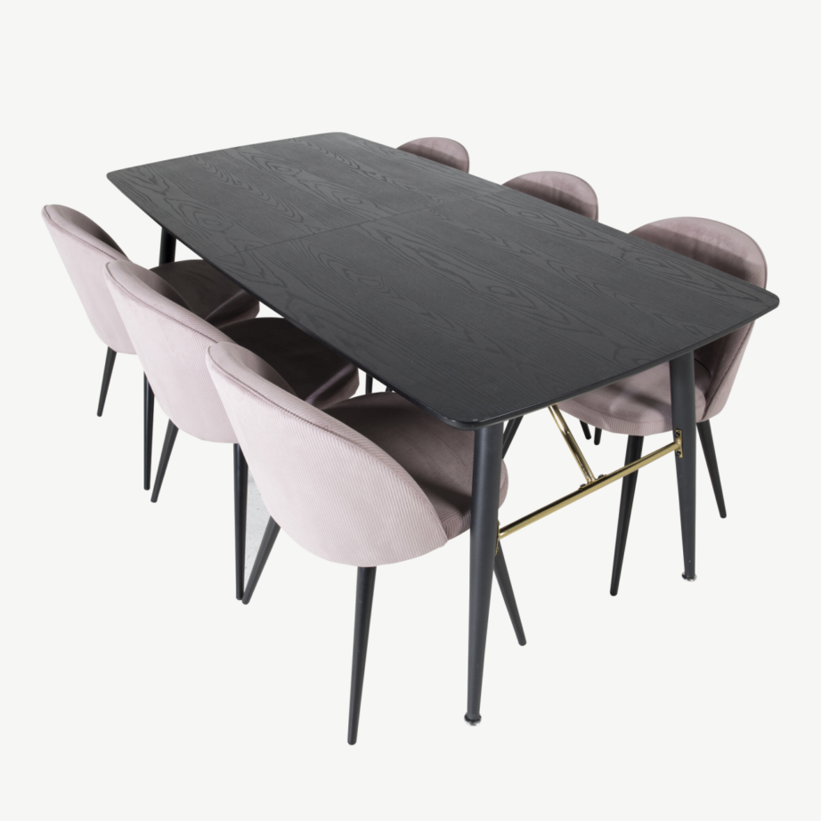 Pikendatav must söögilaud Gold tammevineeriga ja tolmuroosad sametist toolid, GR19443 – 4