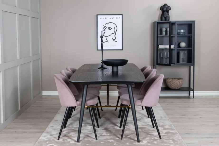 Pikendatav must söögilaud Gold tammevineeriga ja tolmuroosad sametist toolid, GR19443 – 5