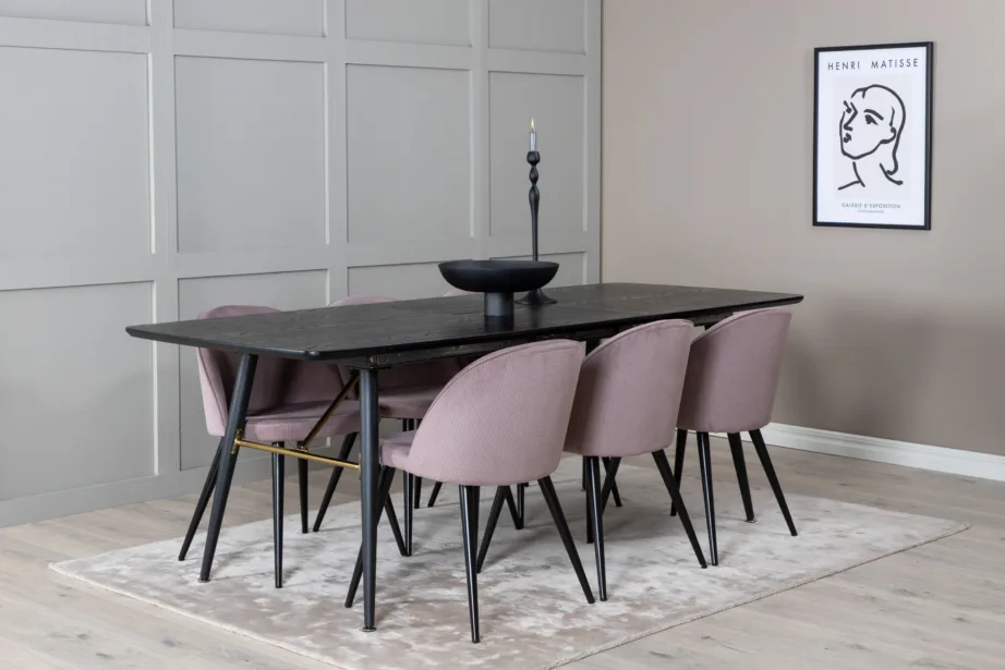 Pikendatav must söögilaud Gold tammevineeriga ja tolmuroosad sametist toolid, GR19443 – 6