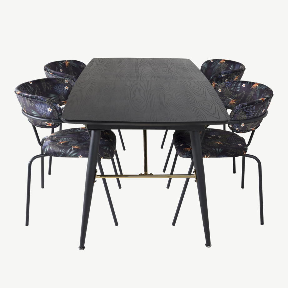 Must laiendatav söögilauakomplekt Gold messingudetailidega ja lillemustrilised Arrow toolid, GR19447 – 2