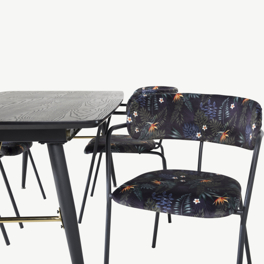 Must laiendatav söögilauakomplekt Gold messingudetailidega ja lillemustrilised Arrow toolid, GR19447 – 3