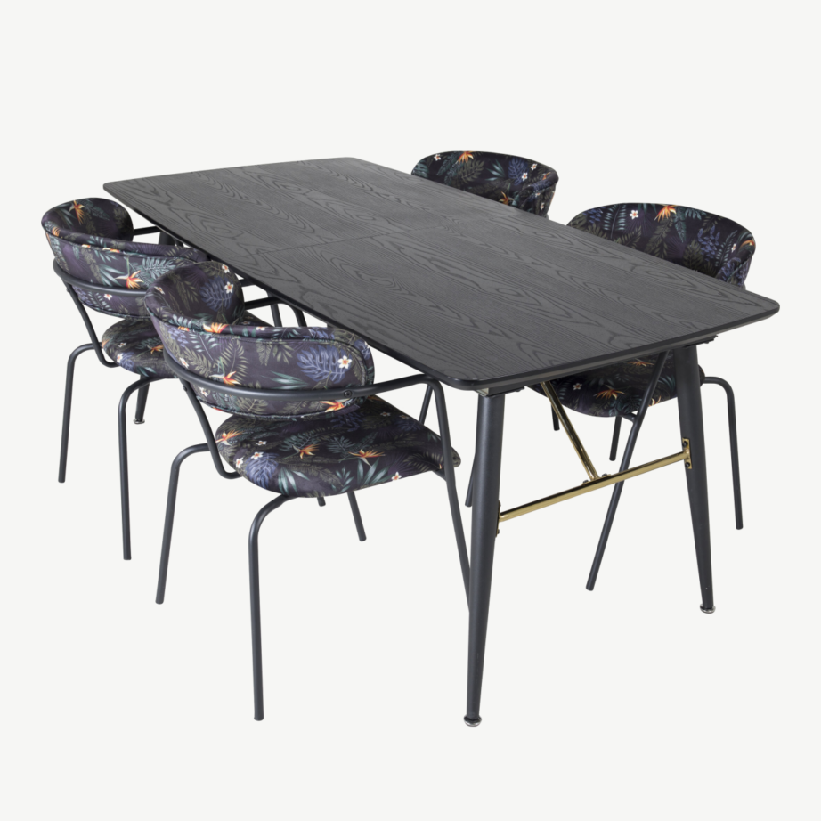 Must laiendatav söögilauakomplekt Gold messingudetailidega ja lillemustrilised Arrow toolid, GR19447 – 4