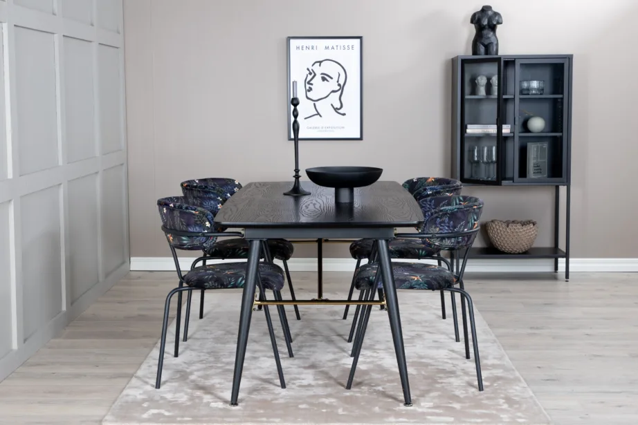 Must laiendatav söögilauakomplekt Gold messingudetailidega ja lillemustrilised Arrow toolid, GR19447 – 5