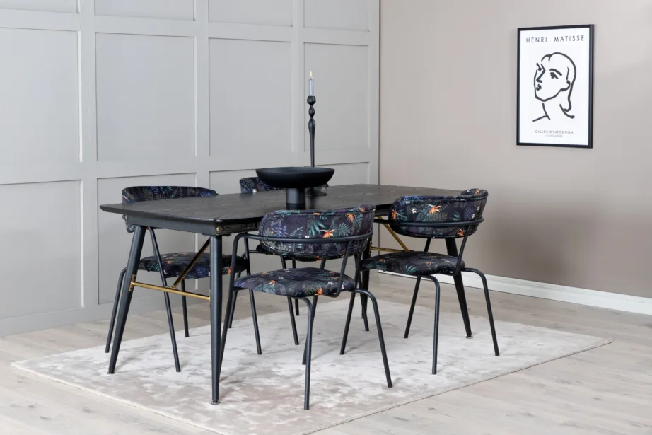 Must laiendatav söögilauakomplekt Gold messingudetailidega ja lillemustrilised Arrow toolid, GR19447 – 6