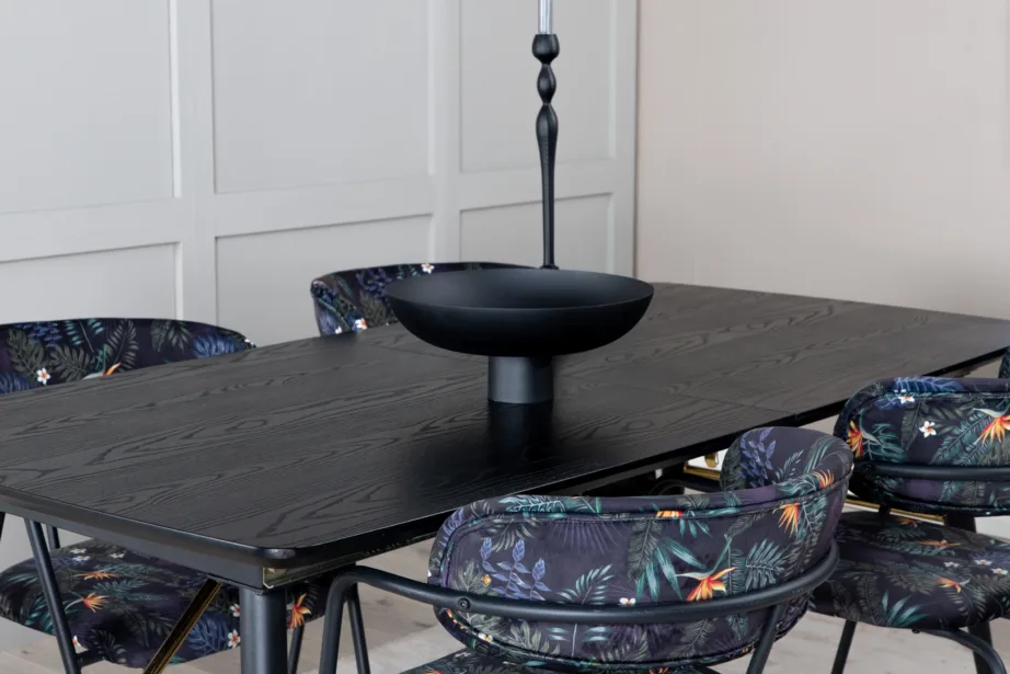 Must laiendatav söögilauakomplekt Gold messingudetailidega ja lillemustrilised Arrow toolid, GR19447 – 7