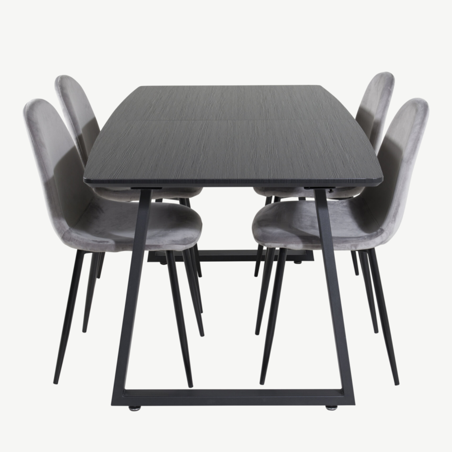 Ristkülikukujuline söögikomplekt Inca musta lauaga ja hallide velvettoolidega, GR19465 – 2