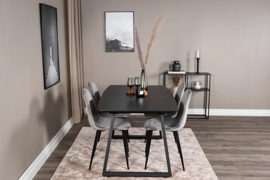 Ristkülikukujuline söögikomplekt Inca musta lauaga ja hallide velvettoolidega, GR19465 – 5