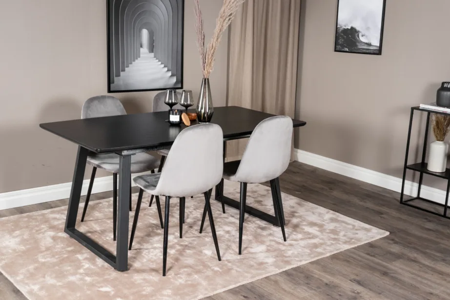 Ristkülikukujuline söögikomplekt Inca musta lauaga ja hallide velvettoolidega, GR19465 – 6