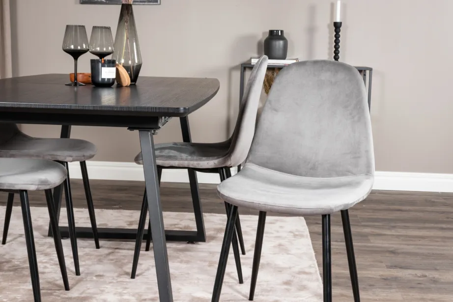 Ristkülikukujuline söögikomplekt Inca musta lauaga ja hallide velvettoolidega, GR19465 – 7