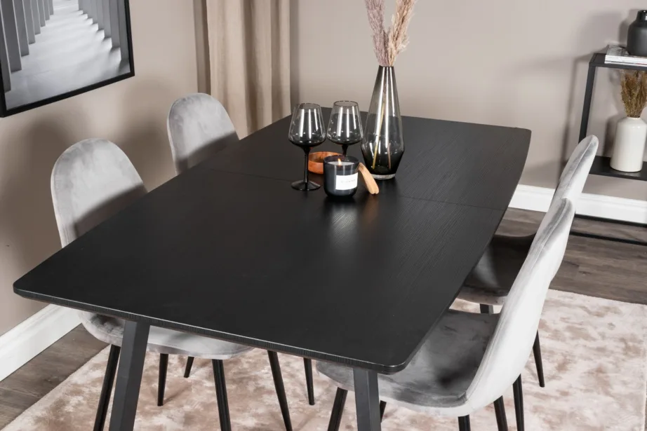 Ristkülikukujuline söögikomplekt Inca musta lauaga ja hallide velvettoolidega, GR19465 – 8