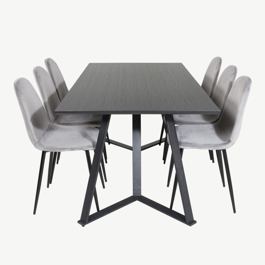 Marina ristkülikukujuline söögikomplekt musta lauaplaadi ja hallide samettoolidega, GR19521 – 2