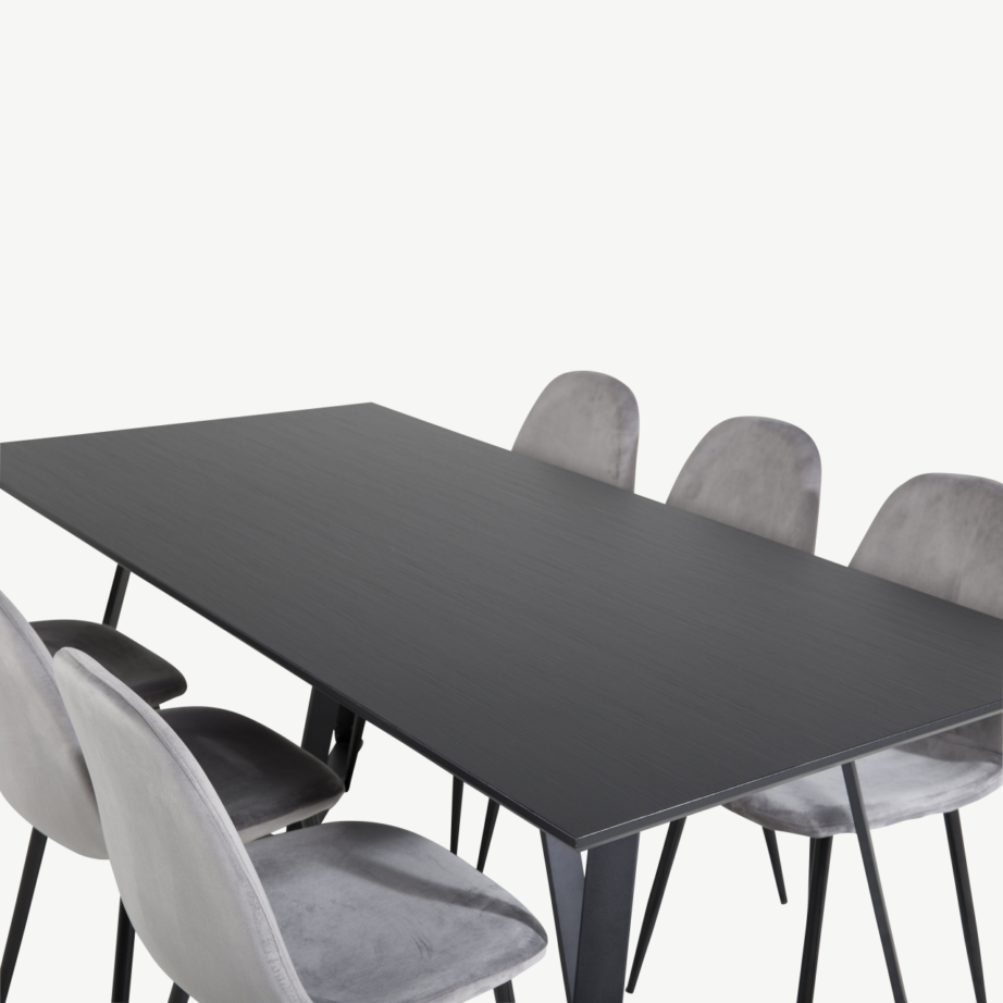 Marina ristkülikukujuline söögikomplekt musta lauaplaadi ja hallide samettoolidega, GR19521 – 4