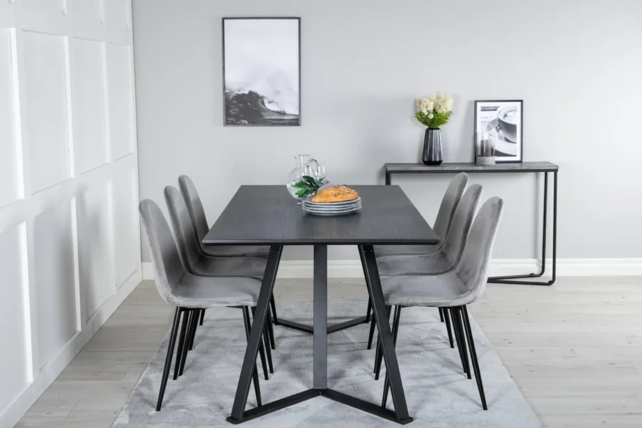 Marina ristkülikukujuline söögikomplekt musta lauaplaadi ja hallide samettoolidega, GR19521 – 5