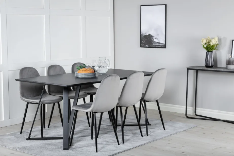 Marina ristkülikukujuline söögikomplekt musta lauaplaadi ja hallide samettoolidega, GR19521 – 6