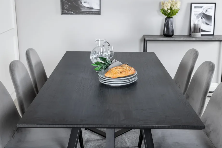 Marina ristkülikukujuline söögikomplekt musta lauaplaadi ja hallide samettoolidega, GR19521 – 8