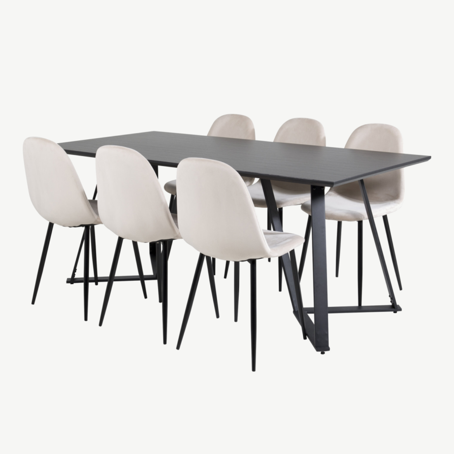 Kaasaegne Marina musta lauaplaadiga söögilaud ja beežide velvettoolidega komplekt, GR19522