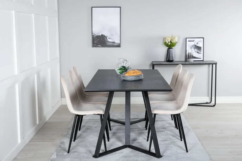 Kaasaegne Marina musta lauaplaadiga söögilaud ja beežide velvettoolidega komplekt, GR19522 – 5