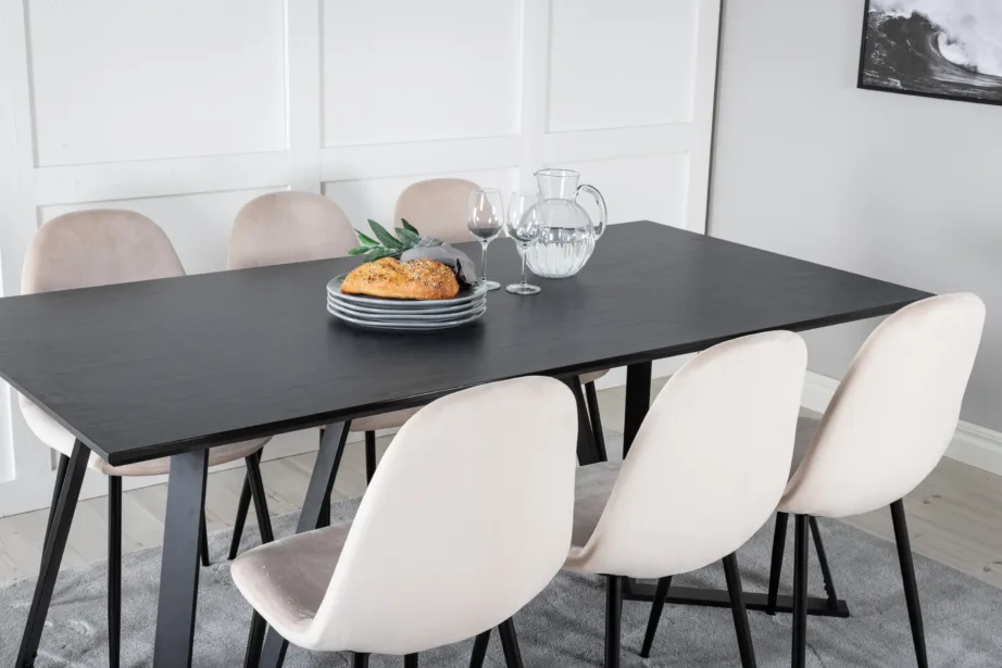 Kaasaegne Marina musta lauaplaadiga söögilaud ja beežide velvettoolidega komplekt, GR19522 – 8