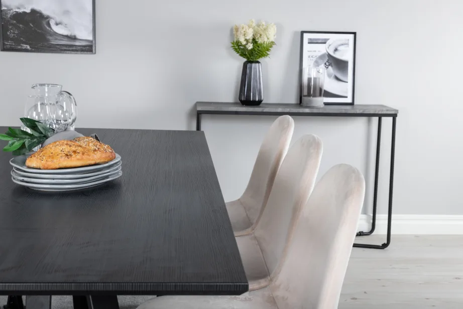 Kaasaegne Marina musta lauaplaadiga söögilaud ja beežide velvettoolidega komplekt, GR19522 – 9