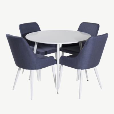 Ümmargune söögilaud Plaza toolidega, valge MDF (ø100 cm) ja 4 sinist tooli - GR19545