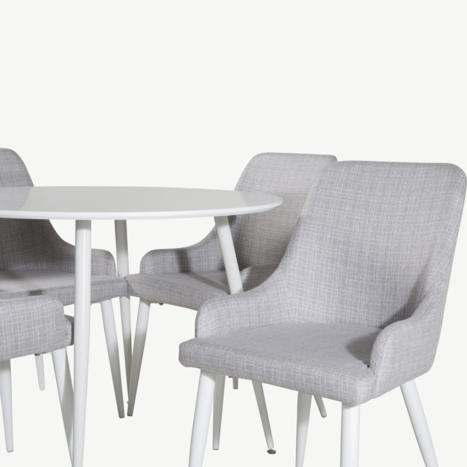 Plaza ümmargune valge söögikomplekt helehallide polsterdatud toolidega, GR19547 – 2