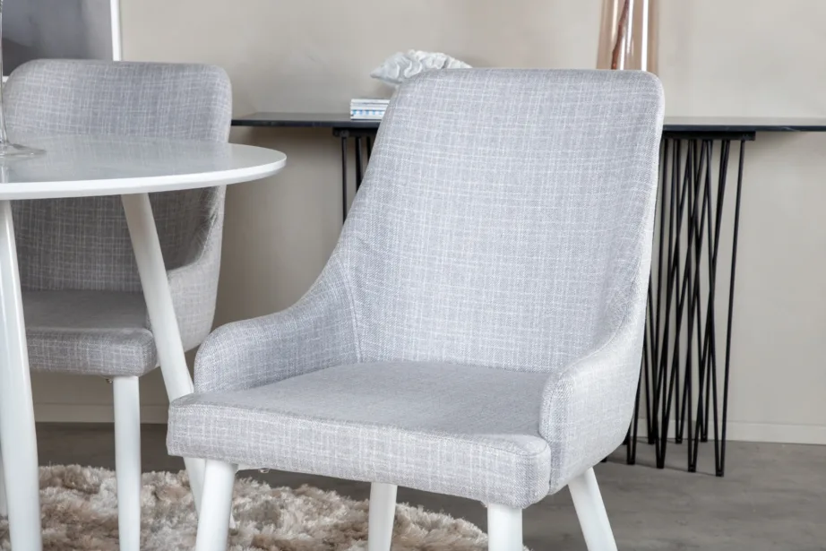 Plaza ümmargune valge söögikomplekt helehallide polsterdatud toolidega, GR19547 – 4