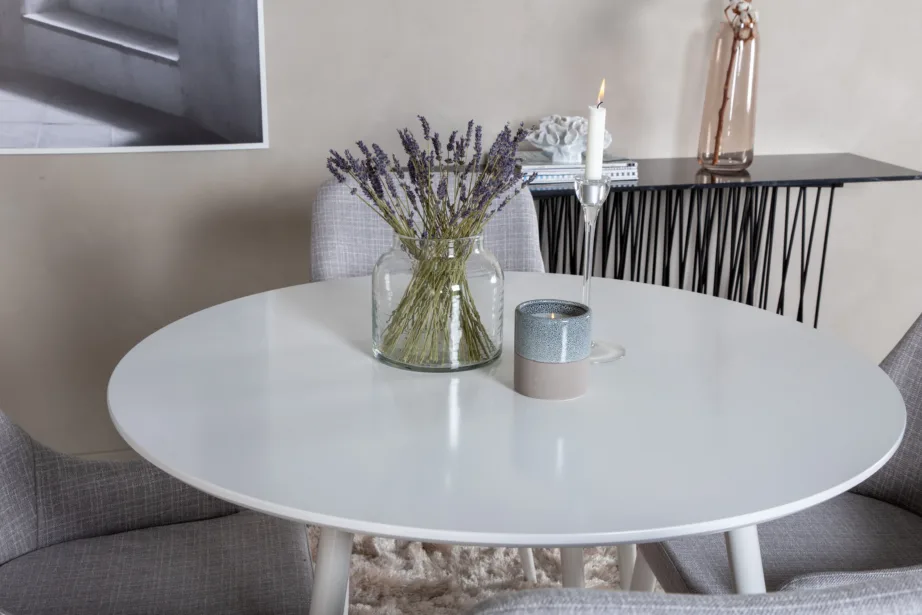 Plaza ümmargune valge söögikomplekt helehallide polsterdatud toolidega, GR19547 – 5