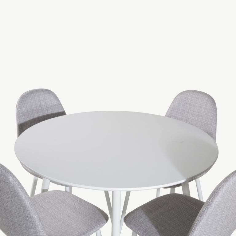 Valge ümmargune söögilaud Plaza 100 cm ja Polar helehalli kangaga tool - GR19549