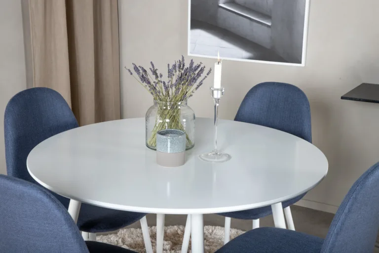 Ümmargune söögilauakomplekt Plaza valge laua ja siniste toolidega (4 kohta) - GR19552