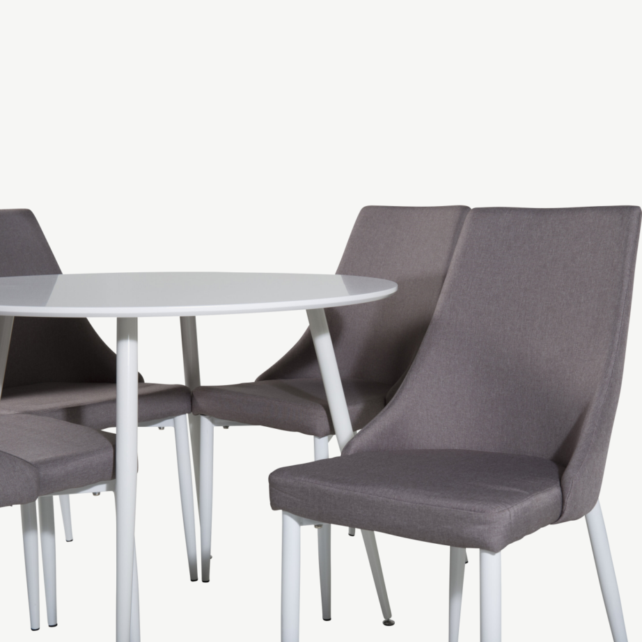 Ümmargune valge söögilauakomplekt Plaza 100 cm ja hallid polsterdatud toolid Leone, GR19558 – 2