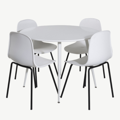 Ümmargune söögilauakomplekt Plaza (valge MDF) ja Arctic toolid (valge plastik, mustad terasjalad) – 4-kohaline komplekt - GR19560