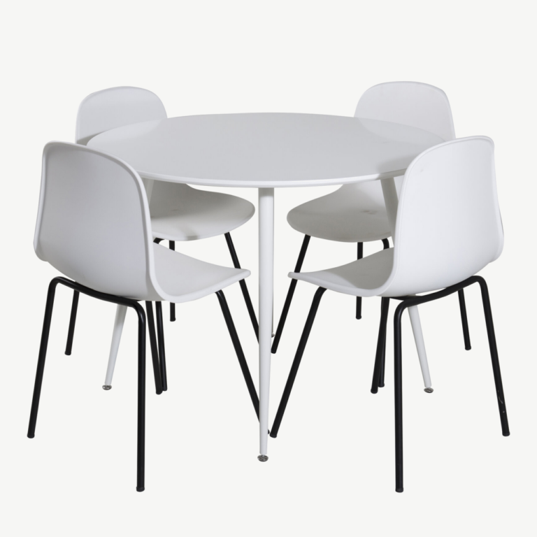 Ümmargune söögilauakomplekt Plaza (valge MDF) ja Arctic toolid (valge plastik, mustad terasjalad) – 4-kohaline komplekt - GR19560