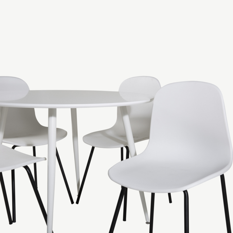Ümmargune söögilauakomplekt Plaza (valge MDF) ja Arctic toolid (valge plastik, mustad terasjalad) – 4-kohaline komplekt - GR19560