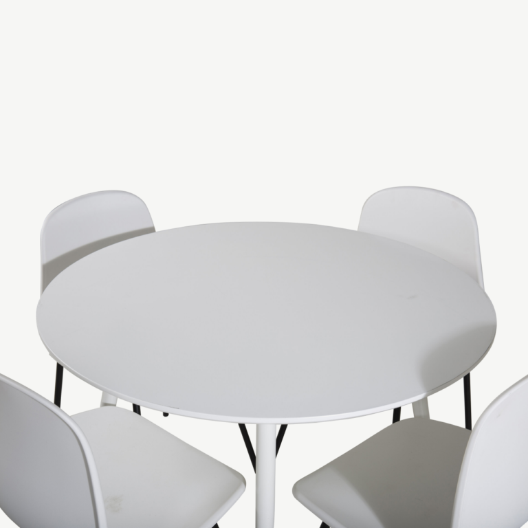 Ümmargune söögilauakomplekt Plaza (valge MDF) ja Arctic toolid (valge plastik, mustad terasjalad) – 4-kohaline komplekt - GR19560