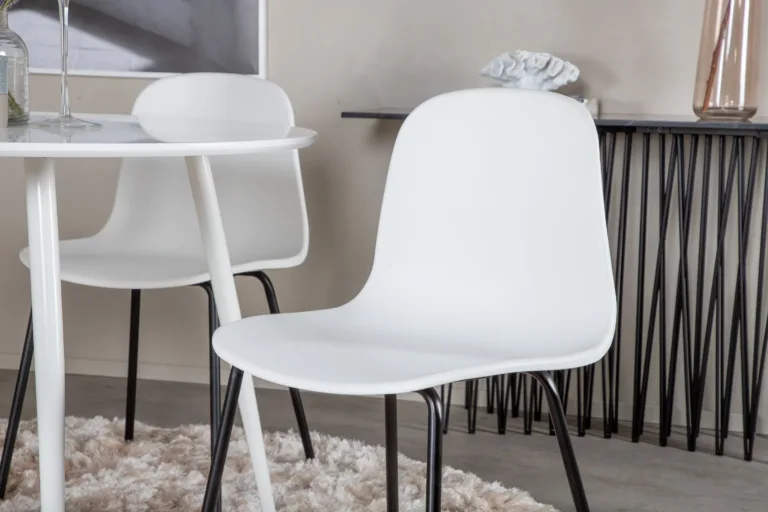 Ümmargune söögilauakomplekt Plaza (valge MDF) ja Arctic toolid (valge plastik, mustad terasjalad) – 4-kohaline komplekt - GR19560
