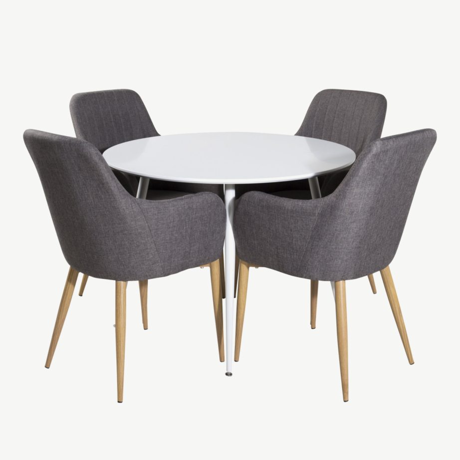 Ümmargune söögilauakomplekt Plaza (valge, Ø100 cm) ja tumehallid Comfort toolid, GR19566