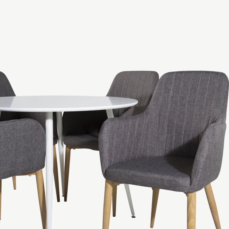 Ümmargune söögilauakomplekt Plaza (valge, Ø100 cm) ja tumehallid Comfort toolid - GR19566