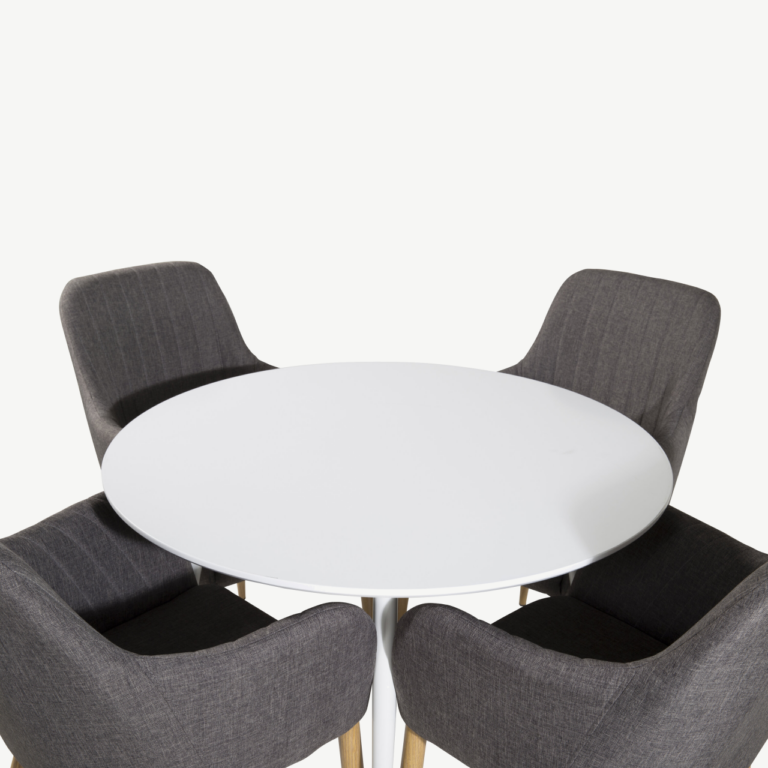 Ümmargune söögilauakomplekt Plaza (valge, Ø100 cm) ja tumehallid Comfort toolid - GR19566
