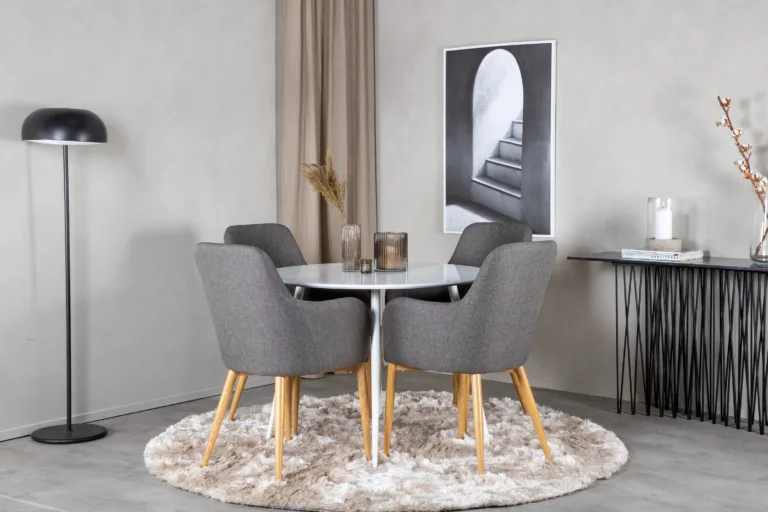 Ümmargune söögilauakomplekt Plaza (valge, Ø100 cm) ja tumehallid Comfort toolid - GR19566