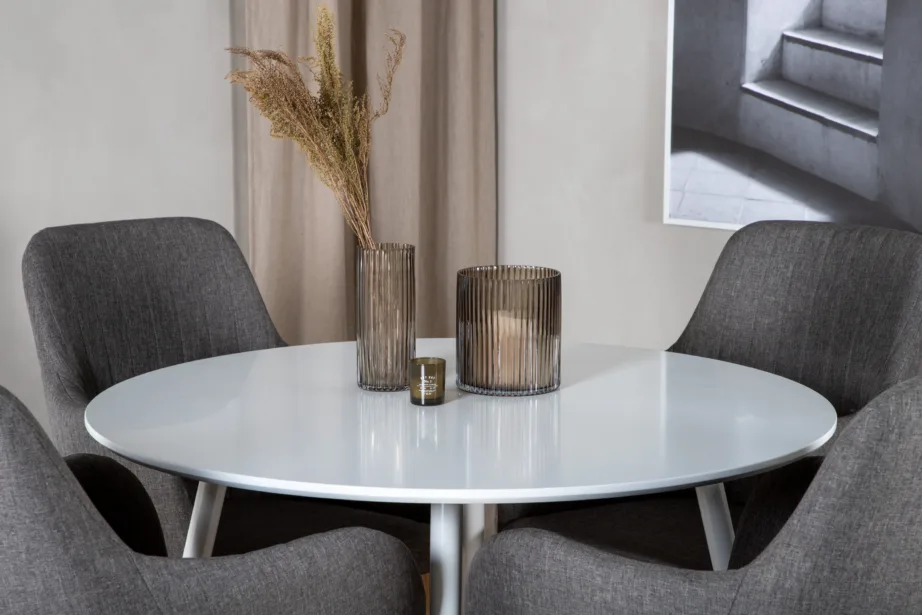 Ümmargune söögilauakomplekt Plaza (valge, Ø100 cm) ja tumehallid Comfort toolid, GR19566 – 6