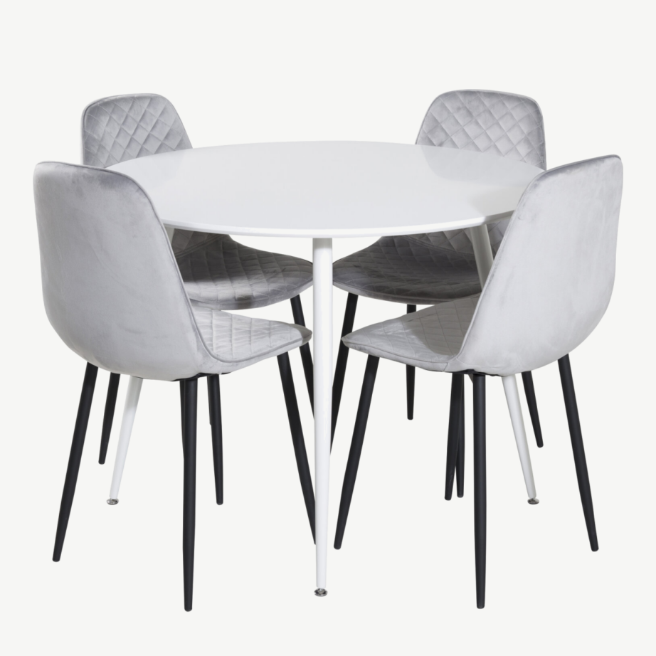 Plaza ümmargune söögilauakomplekt valge laud ja hallid samettoolid, GR19570