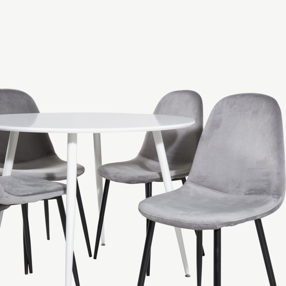 Plaza ümmargune söögilauakomplekt, valge laud hallide samettoolidega (Ø100 cm), GR19572 – 2