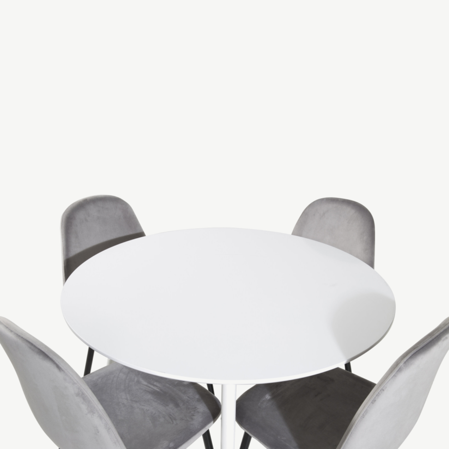 Plaza ümmargune söögilauakomplekt, valge laud hallide samettoolidega (Ø100 cm), GR19572 – 3